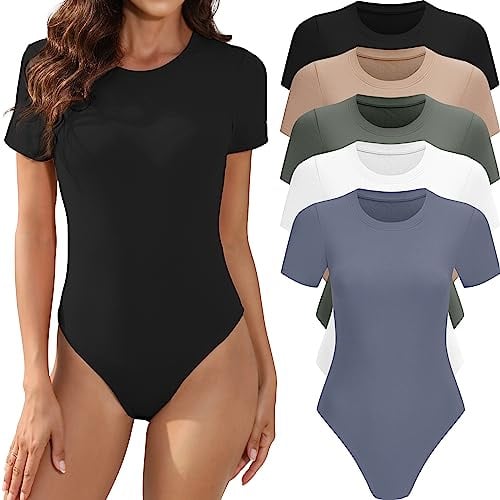 MLYENX Lot de 5 Bodys pour Femmes - Manches Courtes, Col Rond, Décontracté, Extensible, Débardeur de Base, Small