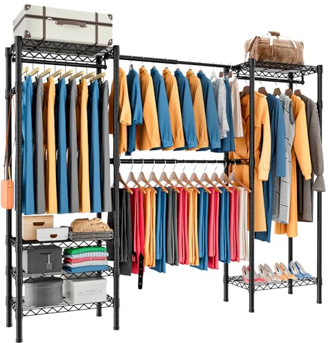 Taotigzu Erweiterbar Kleiderständer,Kleiderstange,(70.3-89.8”) Lx14”Wx71.3”H Schwerlast Kleiderständer Metall Garderobenständer Kleiderbügel Kleiderschrank mit Haken (Schwarz)