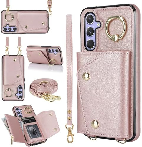 FMPCUON Coque avec Cordon Compatible avec Samsung Galaxy A53 5G,Étui Portefeuille Housse Arrière avec Cuir PU Mat + TPU Souple Porte-Cartes Bandoulière Réglable RoseOr