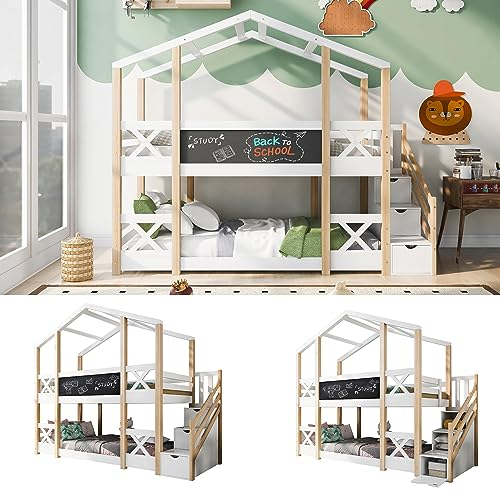 Kinderbett Hausbett 90x200 Etagenbett für 2 Kinder,Baumhaus Hochbett mit Tafel und Schließfächer,Holzbett Kinderbetten mit Rausfallschutz und Lattenrost,Treppe,ohne Matratze,Natur & Weiß