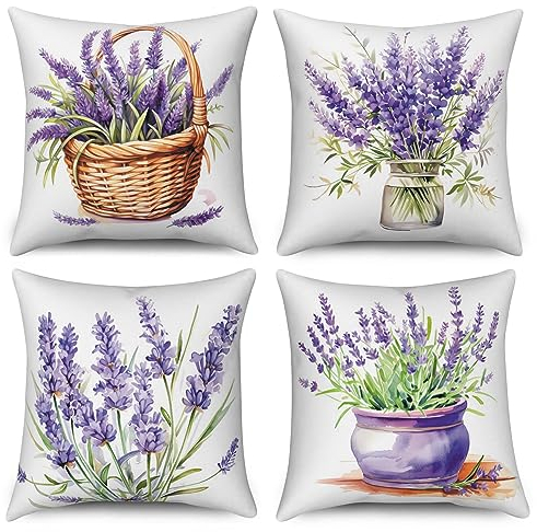 ASDCXZ Set di 4 federe per cuscino, 40 x 40 cm, dipinte a mano, fiori viola, verde, foglie, per divano, cuscino decorativo, lavabile, in poliestere, lino, per esterni