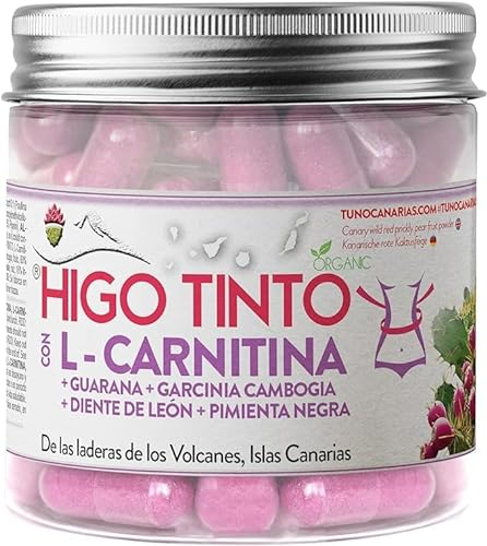 L-Carnitina Bio Demostrado Científicamente – Quemagrasas Natural Muy Rápido y Efectivo, Mejora Energía y Resistencia – Suplemento Vegano de 90 Cápsulas con HIGO TINTO de Tuno Canarias