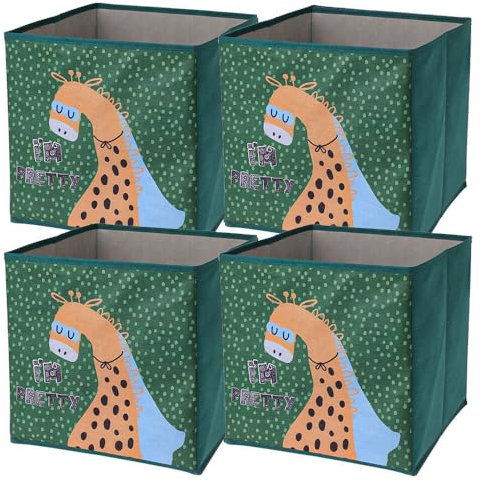 Murago - 4er Set Faltboxen ca. 30x30x30 cm Giraffe - Aufbewahrungsboxen faltbar Körbe mit Motiv Grün Gelb Spielzeug Kiste Boxen Stoff Würfel Regalkorb Klappbox für Kinderzimmer