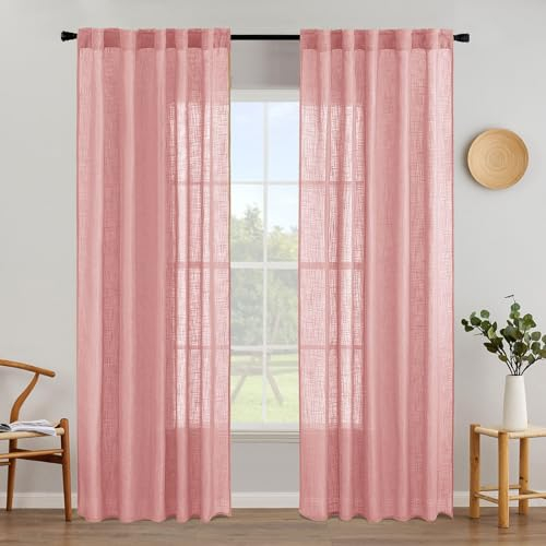 MIULEE Gardinen Vorhänge schlaufenschal Voile Vorhang Modern Leinenoptik Halbtransparent für Wohnzimmer Schlafzimmer Kinderzimmer Schiebevorhang 2er Set Stores Rosa 160x140 cm