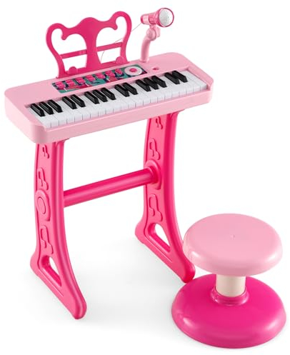 COSTWAY 37 Tasten Kinder Keyboard, Kinderklavier elektronisch mit Hocker, Mikrofon & Notenständer, Kinderpiano mit Abnehmbarer Beinen, Klaviertastatur für Kinder ab 3 Jahren (Rosa)