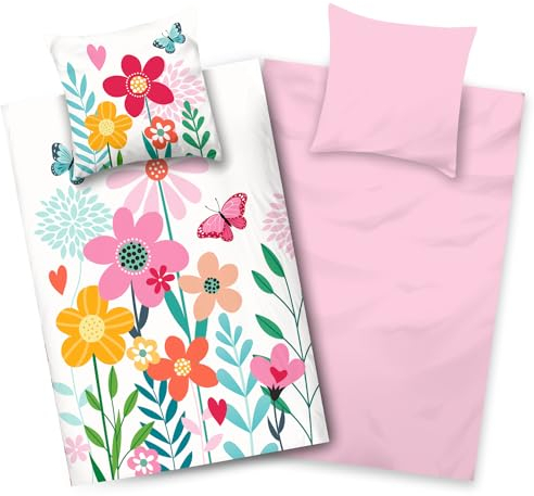 Aminata kids Bettwäsche 135x200 Mädchen Blumen Baumwolle Wende-Kinder-Bettwäsche-Set Flowers YKK Reißverschluss bunt Geschenk-e