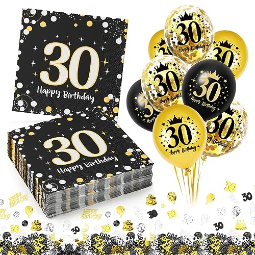 30. Geburtstag Deko Servietten 60 Stück+18 Stück Schwarz Gold Luftballons+ Konfetti Set, 30 Geburtstag Mann Frau Jubiläum Servietten, 3-Lagig Servietten 33x33cm,Geburtstagsservietten