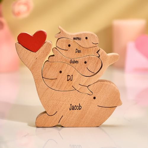 Personalisiertes Holzkunstpuzzle der Wal-Familie mit 1-8 Namen, Holz Wal Skulpturen Desktop Ornament Weihnachts Home Tischdekoration, Geschenk für Familie, Oma, Opa Mama, Papa