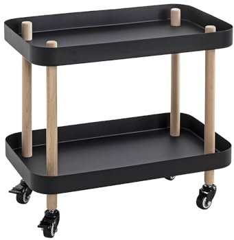 HAKU Beistelltisch auf Rollen Massivholz Natur schwarzes Metallgestell Couchtisch Sofatisch - Maße: B 50 x H 47 x T 30 cm Style: Modern