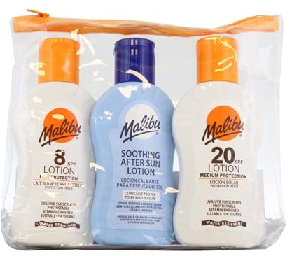Malibu Sun Travel Essentials mit LSF 8 & 20 Sonnencreme Schutz & After Sun Lotion, Holiday Sun Care, wasserabweisend, Multipack, 3 x 100 ml