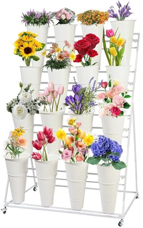 RAABYU PflanzenständerBlumenständer mit Eimern, bewegliches Blumenregal aus Schmiedeeisen, Pflanzenständer, für Blumenladen im Terrassengartenbalkon, Blumentopf im Freien