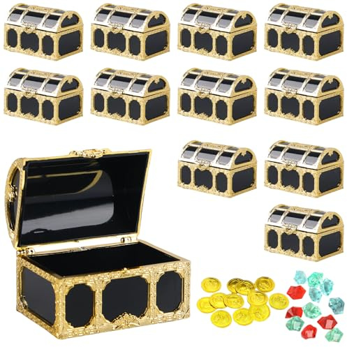 PRITOK 12 Stück Mini Piraten Schatztruhe: Schatztruhe Klein Kunststoff mit 12 Goldmünzen und 12 Edelsteinen, Schatzkiste für Piratenparty Aufbewahrung Dekoration, 7.5 x 5.2 x 5CM