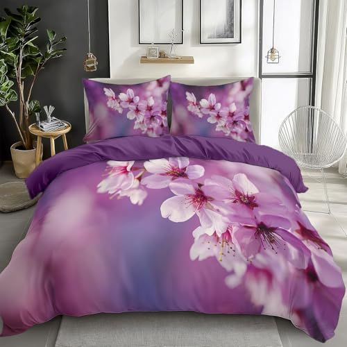 Quixora Bettwäsche Rosa Kirschblüten Muster 155 x 220 cm Wendebettwäsche aus Mikrofaser für Mädchen und Damen, Lila, Mit 80x80 cm Kissenbezug und Reißverschluss