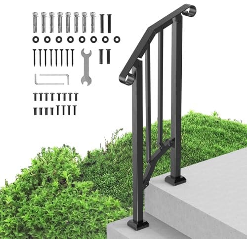 VEVOR Handläufe für Außentreppen, 1–2-stufiges Treppenhandlauf-Set, Übergangsgeländer aus Karbonstahl mit Montagesatz, Treppengeländer für Senioren, Betonstufen & Veranda & Deck, schwarzer Retro-Bogen