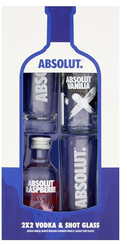 Absolut Vodka Gift Set - Contains 1x50ml Vanilla Vodka, 1x50ml Raspberry Vodka Miniatures, 40% ABV with 2 x Vodka Shots Glasses - Christmas Vodka Gifts, Stocking Filler, by Blue Tree Gifts