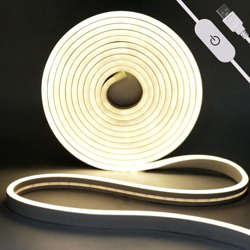 KAFULA DC5V Dimmable LED Neon Light Strip, USB Powered, 120 LEDs/m 3M Natural White 4000K Silicone LED Light Strip CRI85+, IP65 Waterproof Flexible, Home DIY Lighting Decoration