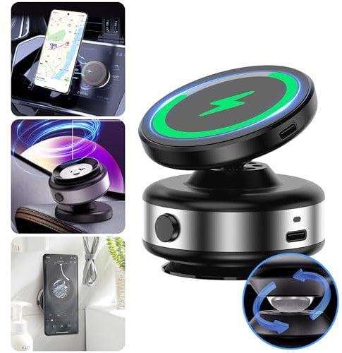 Foluu Wireless Charger Car Magnetic Phone Holder, 360° Rotatable Car Navigation Holder, Double-sided Magnetic & Vacuum Adsorption, for Windshield, Dashboard, Kitchen, Bedroom, Office