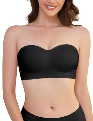 Xnova Women's Strapless Bras Wireless Invisible, Bandeau Nude Bra Non-Slip Silicone Tube Top, Seamless Multiway Convertible T Shirt Bralette with Removable Straps (Black, M)