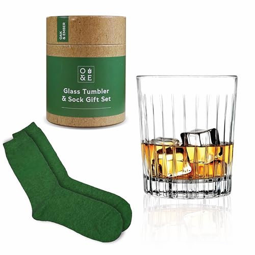 Oak & Ember® Elegant Tumbler & Socks Whisky Gift Set. Whisky Glass, Whiskey Glass, Gin, Cocktails Tumbler. Birthday Present for Dad. Birthday Present for Mum. Fathers Day.
