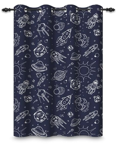 ggaimwf 132x214cm Cartoon Weltraum Ösenvorhang für Jungenzimmer Planet Astronaut Universum-Thema Verdunkelungsvorhänge mit Thermo-Ösen für Fenster, für Spielzimmer und Wohnzimmer,1-Einzelpaneel