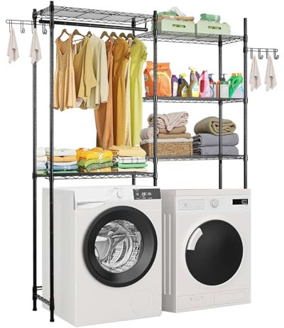 VEVOR Estante de Almacenamiento para Lavadora y Secadora, Tendedero de 5 Niveles con Barra y Ganchos, Estantes Ajustables de Dos Filas para Lavadora, Ahorra Espacio para Lavadero, Color Negro