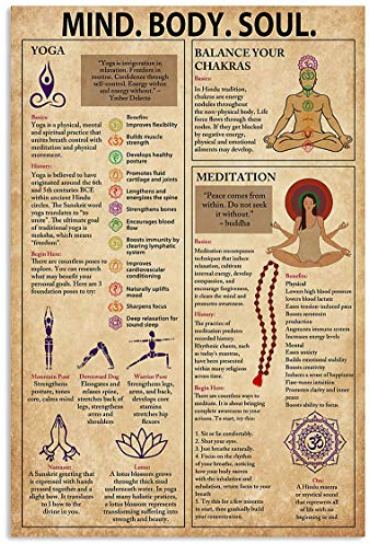 KWQDOZF Metallschilder Mind. Body. Soul, Yoga-Wissen, Blechschilder, Vintage-Raum-Wanddekoration, Meditation, Chakren, Blechposter, Home Collection, Plakette, 20,3 x 30,5 cm