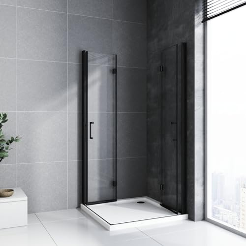 Duschkabine Eckeinstieg 90 x 90 cm, Schwarz Duschkabine Doppel Falttür Falttürkabine 6mm ESG Glas 180º Drehfalttür Duschabtrennung,Höhe 185cm
