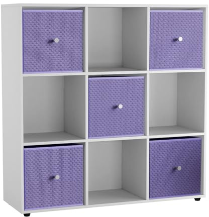 URBNLIVING 9 Cube Storage Unit with 5 Foldable Fabric Drawers, Wooden Freestanding Bookcase Shelf Organiser, Modern Cube Shelving for Bedroom, Office, Living Room, Toys, Clothes & Books