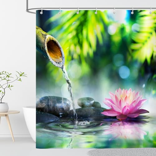 OCEUMACO Zen Rideau Douche Anti Moisissure 200x200 Galet Bambou Imprimé Vert Rose Rideau de Douche Baignoire Tissu Imperméable Polyester Rideaux Salle de Bain Lavable Machine avec Anneaux