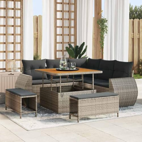 Qnhdfrt Garten Sofa Set 5 Teile Grau Modernes Rattan Lounge Set mit Eckbank Tisch und Hocker für Garten Balkon Terrasse