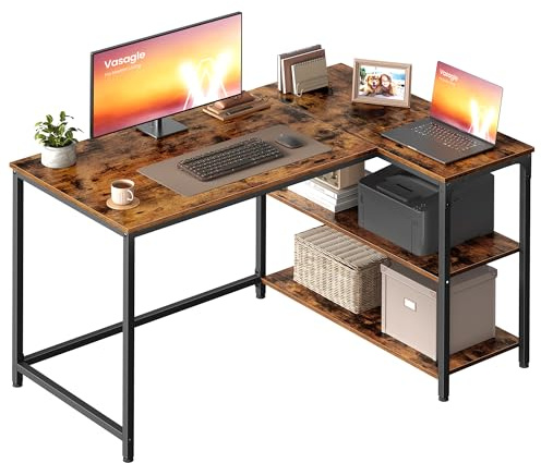 VASAGLE Bureau Gaming en L, Bureau avec Rangement, Étagères Réversibles à Hauteur Réglable, pour Domicile, 110 x 80 cm, Marron Rustique LWD135KD01