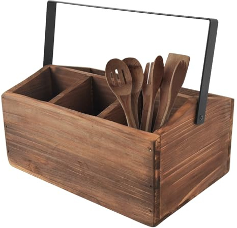 Almacenamiento de cubiertos, dividido, un compartimento rectangular + tres compartimentos cuadrados, soporte para cubiertos con asa portátil, adecuado para guardar bebidas y vajilla (marrón oscuro)