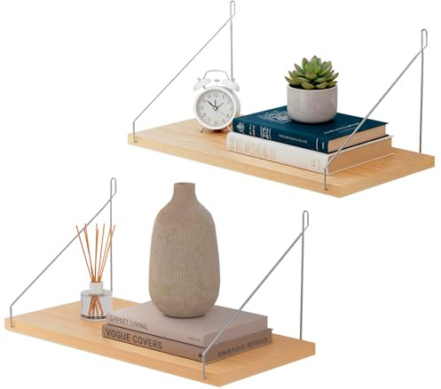 XIANJIA 2 Stück Wandregal Holz Metall Wandregal Ohne Bohren | Kleines Hängeregal Bad für Wohnzimmer Schlafzimmer Badezimmer Küchen (Natürliche Holzfarbe)