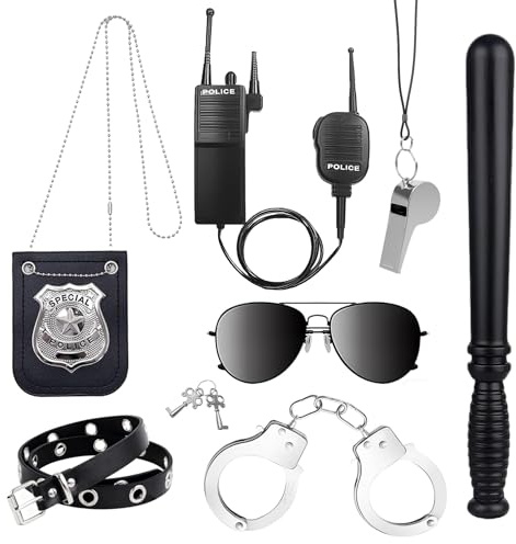 SHTALHST 8 Stück Polizei Kostüm Zubehör, Polizei Kostüm Accessoires mit Walkie Talkies Handschellen Abzeichen Baton Pfeife Brillen Gürtel, Passend für Karneval Cosplay Party Kostüm Dress Up