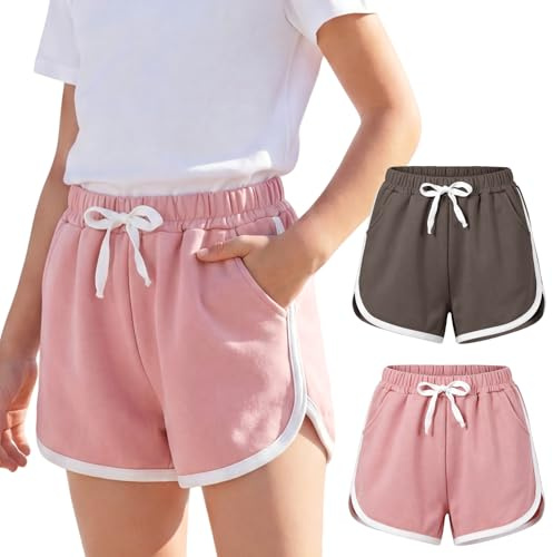 Baogaier Shorts pour Fille avec Poches, Lot de 2, 12-14 Ans, Rose+Marron