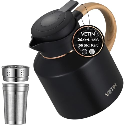 VETIN Thermoskanne mit Teesieb 1,8L aus 316 Edelstahl, Kaffeekanne Thermo | Auslaufsicher, 24 h Heiß & 36 h Kalt, für Tee, Kaffee und Kalte Getränke (Kunststoffgriff)