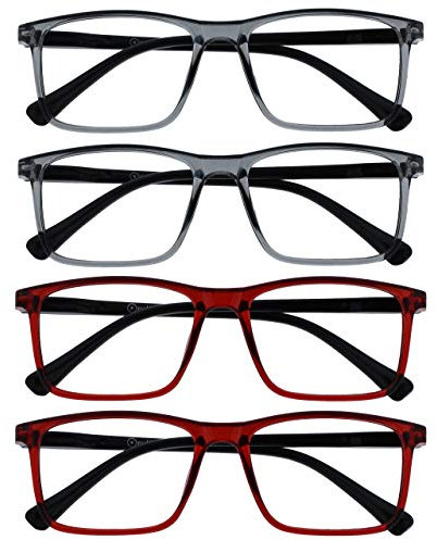 OPULIZE INK Reading Glasses - Value 4 Pack - Large Rectangular Frame - Spring Hinges - Scratch Resistant - Grey Red - Mens Womens +2.00