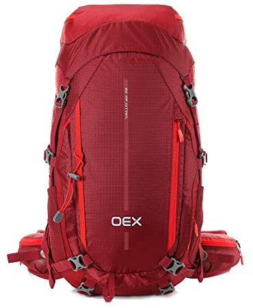 OEX Vallo Air 28 Litre Rucksack with Intergrated Raincover & Ventilated Back System, 28L Backpack, Bag for Men & Women, Lightweight, Adjustable, School, Commuting, Camping, Hiking, Travelling, Red