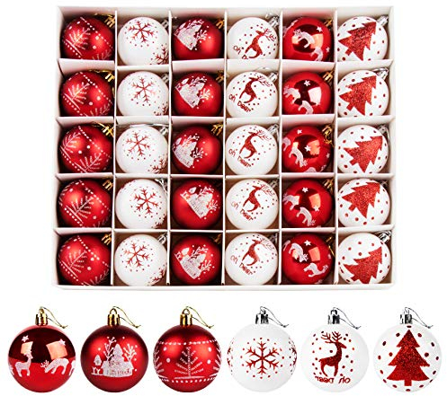 Weihnachtskugeln, 30 Stücke 6CM Kunststoff Christbaumkugeln Weihnachtsdeko mit Weihnachtsbaumschmuck Traditionelles Thema Rot Weiß, Weihnachtsbaum Bälle Dekorationen für Weihnachten