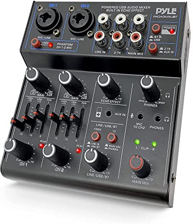Pyle DJ Audio Mixer Bluetooth – 4 Channel USB Interface with XLR Combo Jack, AUX RCA & Echo FX, Professional Sound Mixing Console for Recording, Streaming, Karaoke, PC & Live Performance