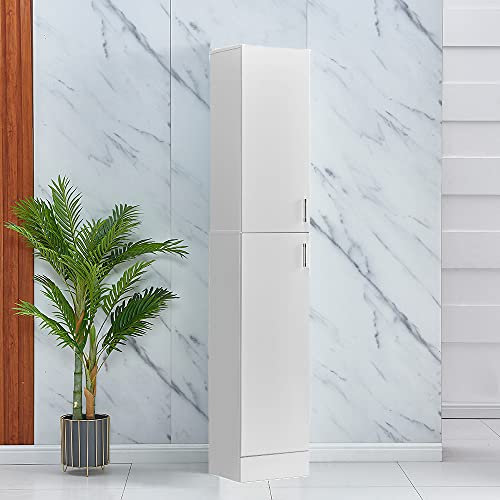 Kitchen Tall Cupboard, Narrow Floor Stand Cupboard Organizer, High Gloss Wood Slim Storage Unit with 2 Doors 4 Shelves, Tallboy Corner Shelving Cabinet for Living Room Bedroom Bathroom Office, White