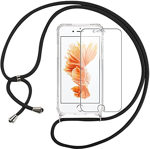 Pnakqil Collier Cordon Coque pour iPhone 6/iPhone 6s 4.7 avec 1 x Protecteur d'écran en Verre trempé,avec Cordon Réglable Lanyard Housse Transparente Silicone Etui Compatible avec iPhone 6S,Noir