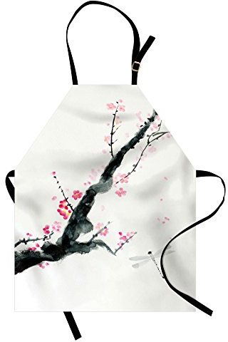ABAKUHAUS Libelle Schürze, Kirsche Sakura Baum, kleines Schürzenlatz mit verstellbaren Krawatten zum Backen Malerei, 43 cm x 55 cm, Pink Schwarz