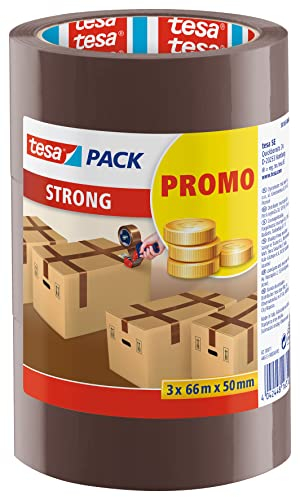 tesa tesapack Strong - Geräuscharmes Paketklebeband zum Verpacken von Paketen und Versandschachteln - braun - 3 Rollen je 66 m: 50mm
