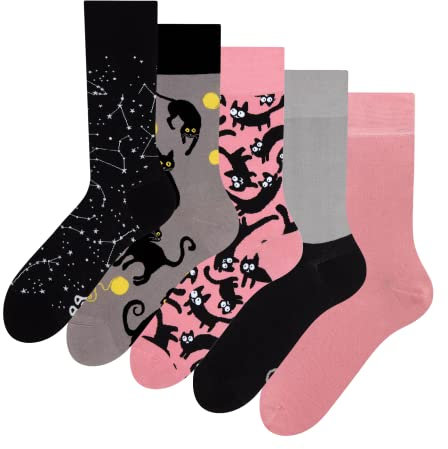 Dedoles Chaussettes Unisexe Homme Femme & Enfants beaucoup designs amusants gauche droite différent, couleur: Multicolore, motif: Chats roses (paquet de 5), taille: 35-38