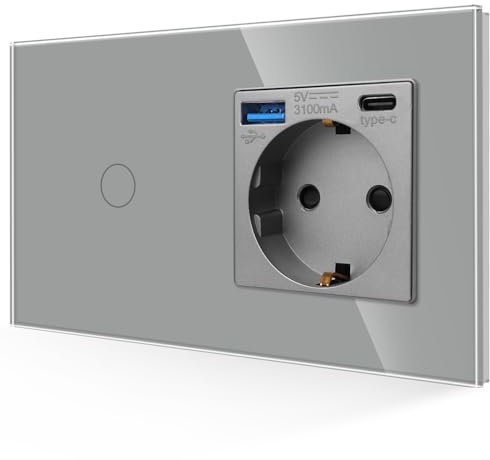 JIMEIDA USB Steckdose 20W Schnelles Laden mit Lichtschalter in Grau, 16A Glas 3-in-1 Schuko Steckdose Unterputz mit 1 USB Ladegerät und 1 Typ-C Port, 1-Fach 1-Poliger Touch Wandschalter mit Status-LED