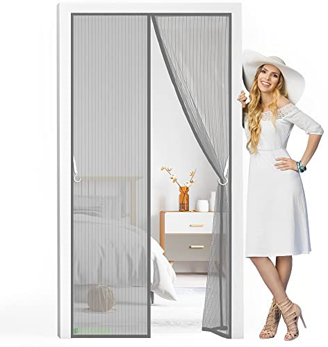 Magnetic Screen Door Closure, 85 x 220 cm Mesh Screen Doors with Magnets & Bottom Weight bar, Retractable and Sliding Screen Door Replacement, Grey