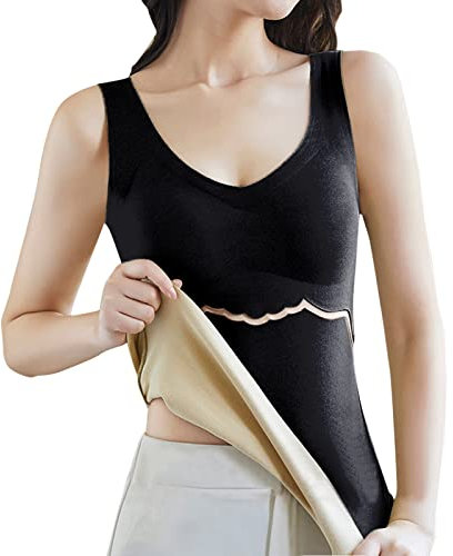 BOTCAM Ärmellose Thermo-Shirts für Damen mit V-Ausschnitt, Weste mit integriertem BH, Fleece-gefütterte Unterwäsche, Thermo-Tanktop Ski Hosen (Z2-Black, XXXL)