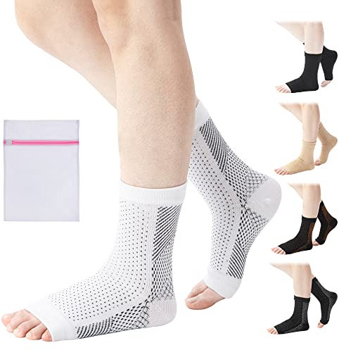 360 Relief Knöchel Kompressionssocken - Offene Zehen Kompressionsstrümpfe Damen und Herren - Knöchelstütze für Laufen, Sport, Fitnessstudio, Radfahren, L-XL Weiß/Schwarz mit Mesh-Wäschesack