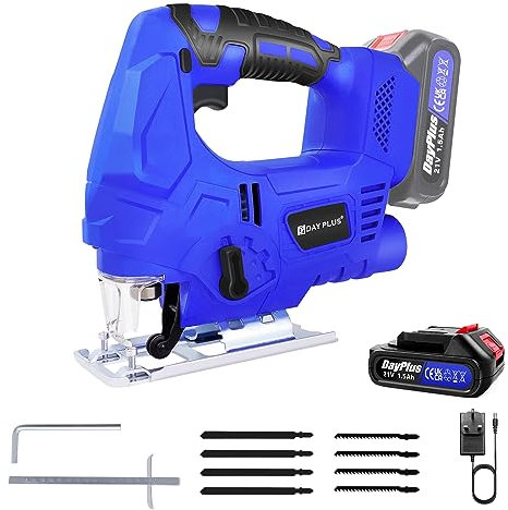 Cordless Jigsaw Tool with Four Cutting Modes, Cutting Depth 100MM, Battery Operated Saw with LED, Electric Jigsaw Body is Made of ABS Plastic, Easy to Carry, Can be Used in a Variety of Scenarios